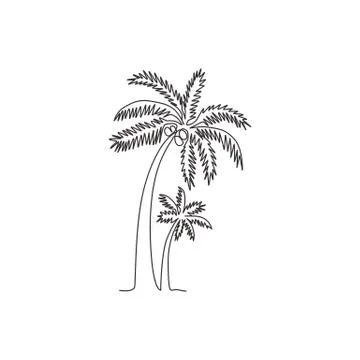 Single one line drawing of coconut tree. Decorative cocos nucifera beach palm Stock Illustration