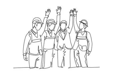 Single one line drawing construction workers and foreman with vest and helm.. Stock Illustration