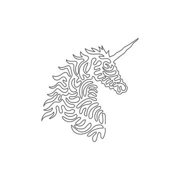 Single one line drawing of cute unicorn spiraling horn abstract art. Stock Illustration