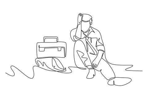 Single one line drawing of depressed businessman with briefcase sitting in .. イラスト素材