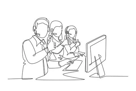 Single one line drawing group of male and female call center workers sittin.. Ilustração Stock