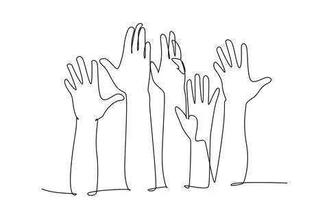Single one line drawing of group of people open up and raising their hands .. Stock Illustration
