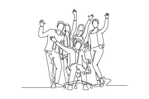Single one line drawing group male manager and pretty female manager celebr.. Ilustração Stock