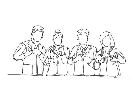 Single one line drawing groups of young happy male and female doctors givin.. イラスト素材