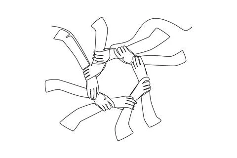 Single one line drawing hand gesture making circle ring network. Group of b.. Stock Illustration