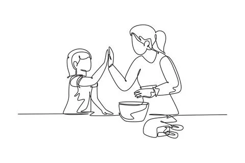 Single one line drawing of mother and daughter preparing to cook some cooki.. Stock Illustration