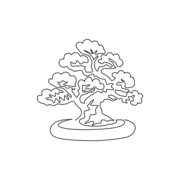 Single one line drawing old beauty exotic mini bonsai tree for home wall art Illustrazione stock