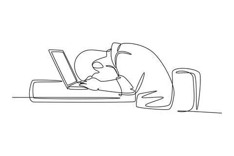 Single one line drawing side view of young depressed manager put his head o.. Stockillustratie