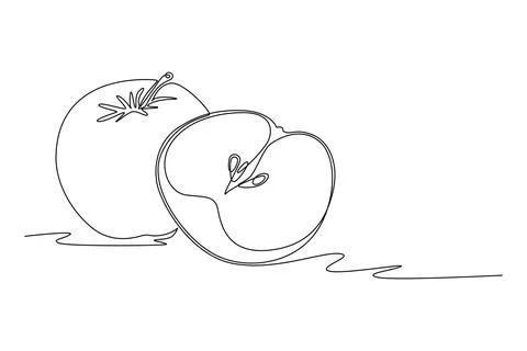 Single one line drawing sliced and whole healthy apples organic for orchard.. Ilustración de archivo