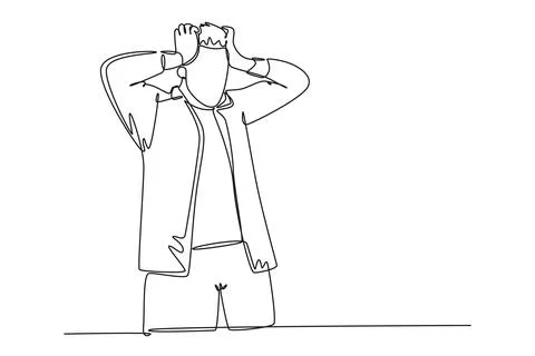Single one line drawing stressed businessman with headache, hands on his he.. Ilustração Stock