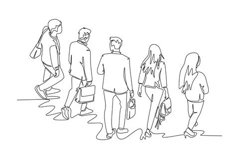 Single one line drawing top view of young male and female employee walking .. Stock Illustration
