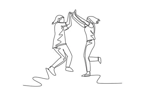 Single one line drawing two young happy women jumping and giving high five .. イラスト素材