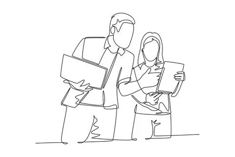 Single one line drawing two young male and female workers watching stock mo.. 스톡 일러스트