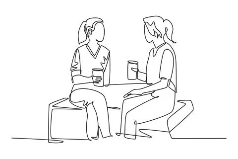 Single one line drawing two young cute female worker have casual chat over .. Ilustração Stock