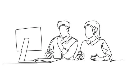 Single one line drawing two young serious male and female worker watching s.. Stock Illustration