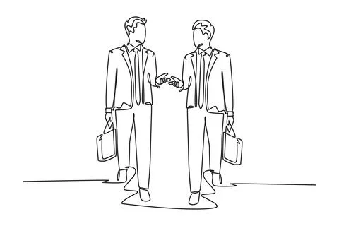 Single one line drawing two young company business men take walk and talk t.. Stock Illustration
