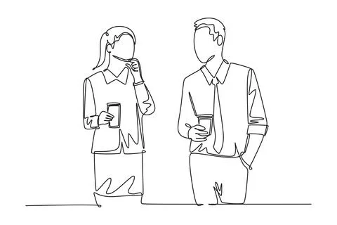 Single one line drawing two young male and female worker holding paper cup .. Stock Illustration