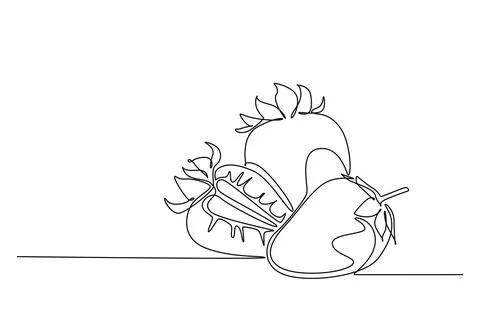 Single one line drawing whole and sliced healthy organic strawberry for orc.. Stock Illustration