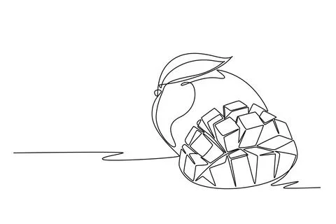 Single one line drawing of whole and sliced healthy organic mangoes for orc.. Stock Illustration