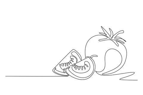 Single one line drawing whole and slice healthy organic tomatoes for farmin.. Stockillustratie