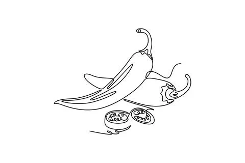 Single one line drawing of whole and sliced healthy organic hot chili for f.. Stock Illustration