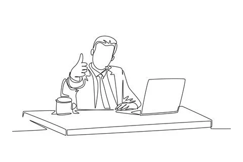 Single one line drawing young businessman sitting on chair in front of lapt.. 스톡 일러스트