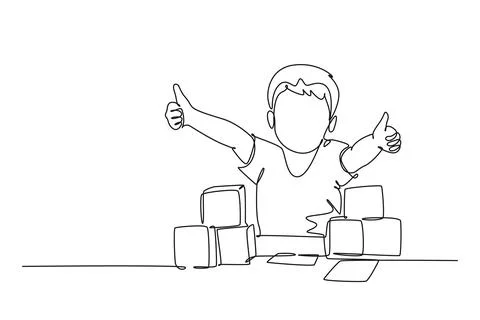 Single one line drawing young happy little boy playing stack of puzzle bloc.. Stock Illustration