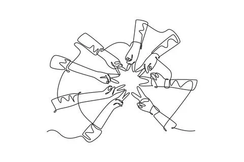 Single one line drawing young happy people join their hands together to sho.. Stock Illustration