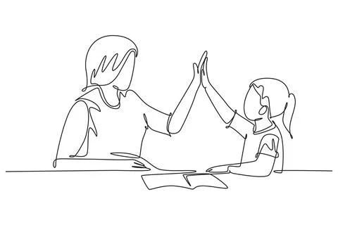 Single one line drawing young happy mother accompany her daughter study stu.. Ilustración de archivo
