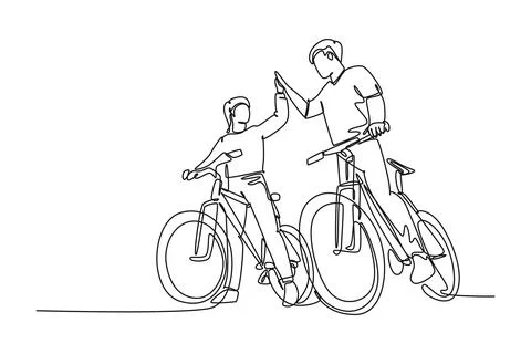 Single one line drawing young happy couple male and female with bicycle tog.. Stock Illustration