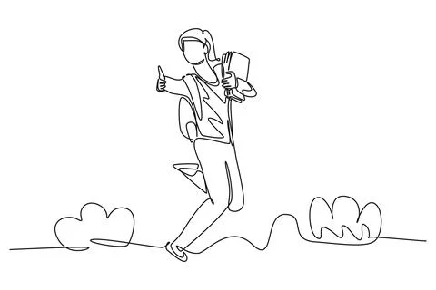 Single one line drawing of young happy female college student jumping to ce.. Stock Illustration