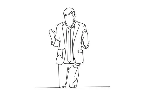 Single one line drawing young happy business man standing and fist his hand.. Illustrazione stock
