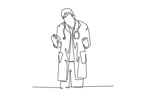 Single one line drawing young happy male doctor fist his hands to the air t.. Stock Illustration