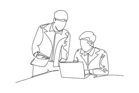 Single one line drawing of young manager discussing work plan with his subo.. Stock Illustration