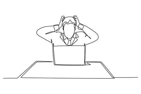 Single one line drawing young frustrated businessman got headache facing of.. Ilustración de archivo