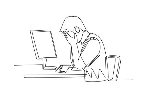 Single one line drawing young tired company worker covering his face with h.. Stock Illustration