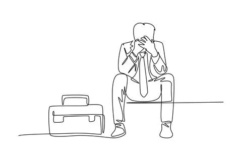 Single one line drawing young depressed male manager bowed limply on chair .. Illustrazione stock