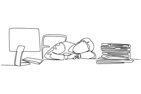 Single one line drawing of young sleepy startup CEO fall asleep on work des.. Illustrazione stock