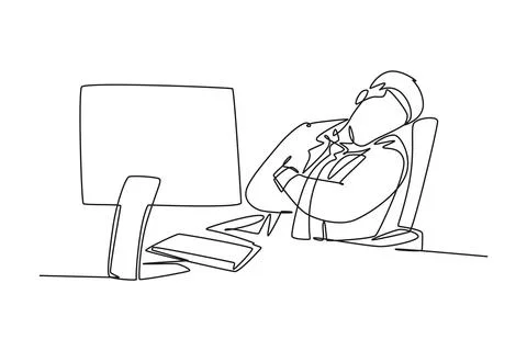 Single one line drawing of young sleepy businessman fall asleep on office c.. Stock Illustration