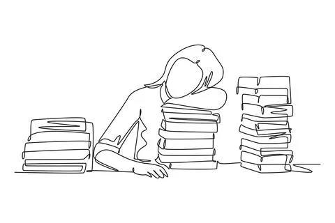 Single one line drawing of young bored female college student fall asleep o.. Stock Illustration