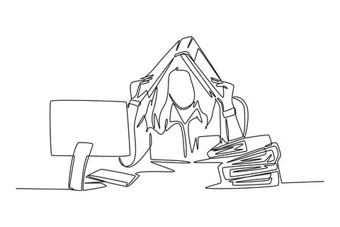 Single one line drawing of young depression female employee sitting in fron.. Illustrazione stock