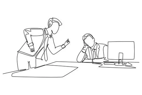 Single one line drawing young furious manager blaming his lazy staff about .. 스톡 일러스트