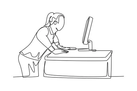Single one line drawing of young frustrated businesswoman yelling at comput.. Stock Illustration
