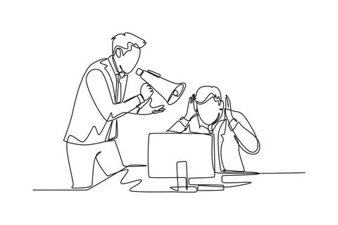 Single one line drawing young frustrated manager shouting his frightened ma.. イラスト素材