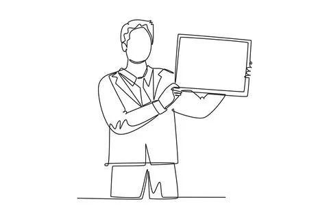 Single one line drawing of young presenter giving instruction using little .. Ilustração Stock
