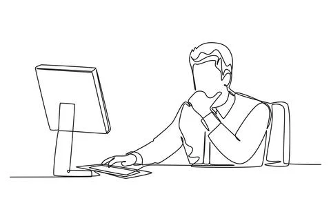 Single one line drawing young startup CEO sitting in front of computer and .. Illustrazione stock