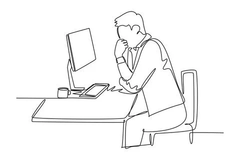 Single one line drawing of young startup CEO sitting at a chair and thinkin.. Illustrazione stock