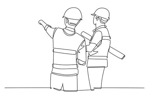 Single one line drawing young company manager presenting proposal construct.. Illustrazione stock
