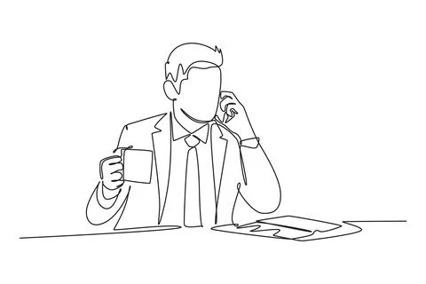 Single one line drawing young happy manager drinking coffee at work desk an.. Stock Illustration
