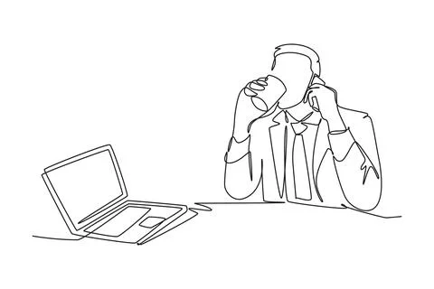 Single one line drawing young busy male employee holding smartphone during .. Stock Illustration